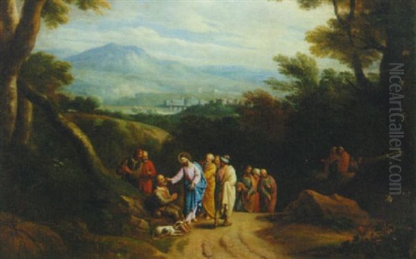 A Wooded Landscape With Christ Healing The Blind Man by Martinus De La Court