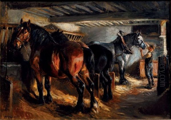 Chevaux A L'ecurie Oil Painting by Raymond (Louis) le Court