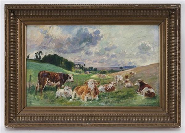 Untitled (cows In Pasture) Oil Painting by Raymond (Louis) le Court