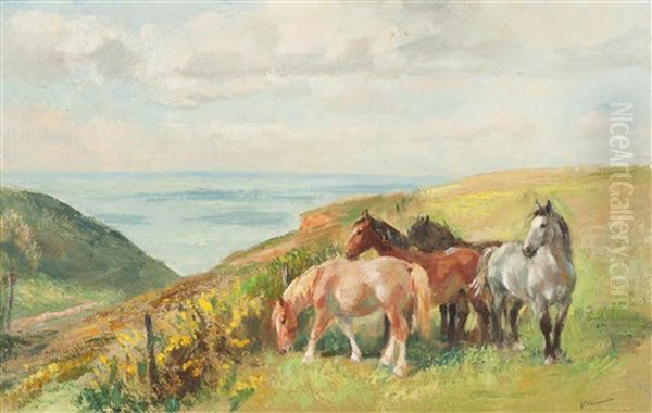 Chevaux Sur Les Falaises Oil Painting by Raymond (Louis) le Court