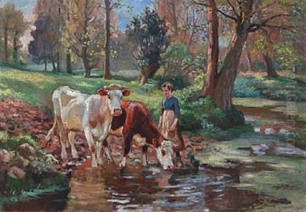 A Milkmaid And Two Cows At A Watering Hole Oil Painting by Raymond (Louis) le Court