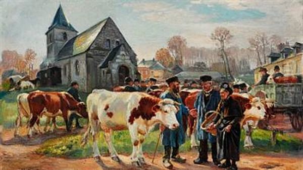 A Village Market Square With Farmers And Cattle Oil Painting by Raymond (Louis) le Court