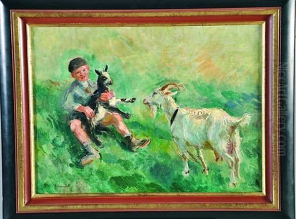 Garcon Jouant Avec Des Chevres Oil Painting by Raymond (Louis) le Court