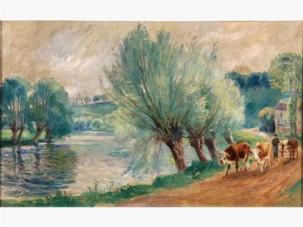 Les Vaches Retournant A Letable Pres De La Riviere Oil Painting by Raymond (Louis) le Court