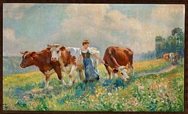 The Cows Are Being Brought Home For Milking Oil Painting by Raymond (Louis) le Court