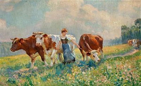 The Cows Are Being Brought Home For Milking Oil Painting by Raymond (Louis) le Court