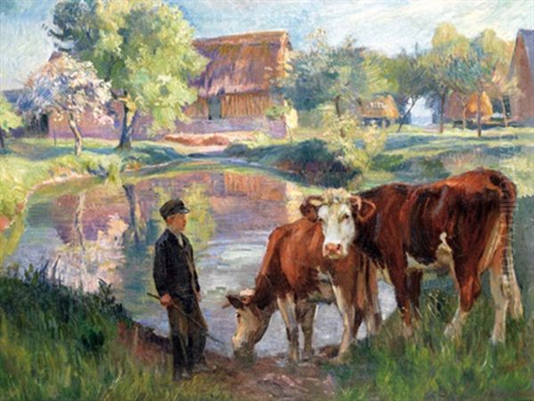 Vaches S'abreuvant Oil Painting by Raymond (Louis) le Court