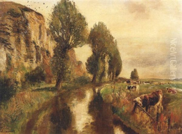 Troupeau Pres De La Riviere Oil Painting by Raymond (Louis) le Court