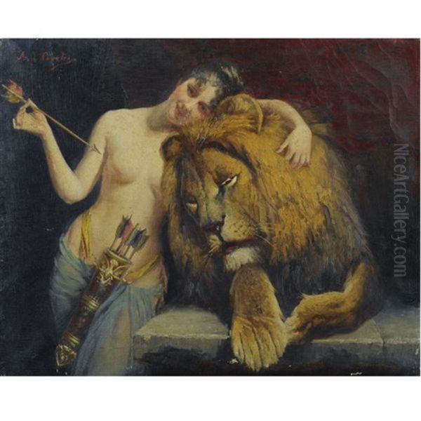 The Goddess Diana With A Lion Oil Painting by Angelo comte de Courten