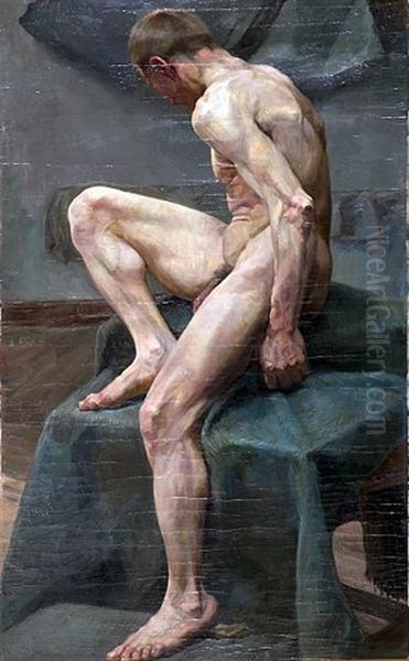 A Seated Male Model Oil Painting by Angelo comte de Courten