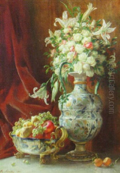 Still Life With Fruit And Roses Oil Painting by Angelo comte de Courten