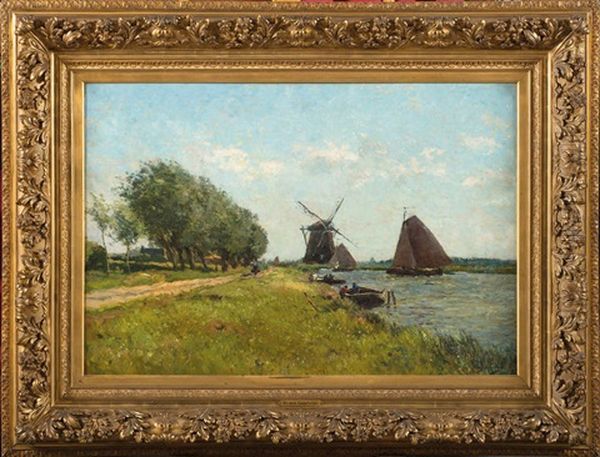 Paysage Anime Au Canal Et Au Moulin A Vent Oil Painting by Franz Courtens