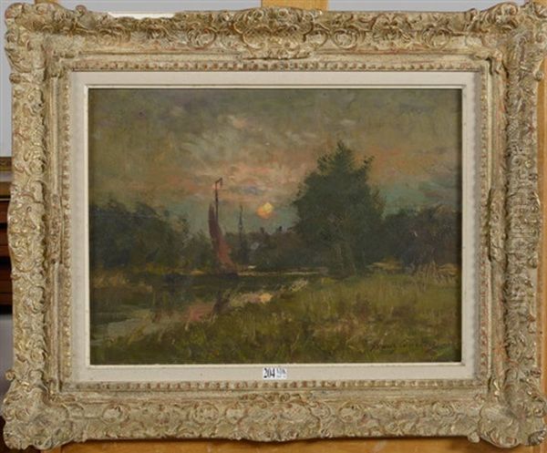 Voilier Sur Une Riviere Au Coucher Du Soleil Oil Painting by Franz Courtens