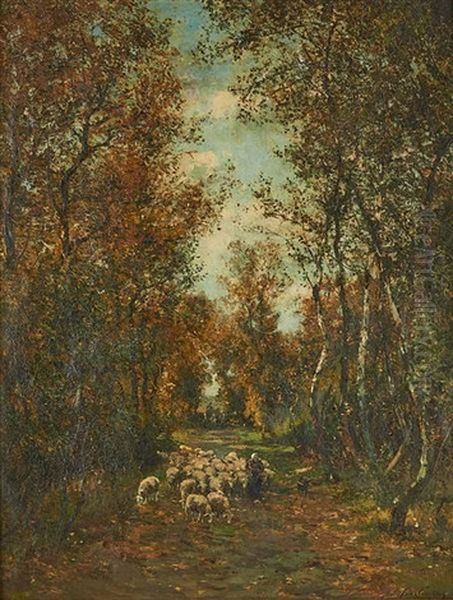 Troupeau De Moutons Avec Bergere Dans Une Allee En Foret Oil Painting by Franz Courtens