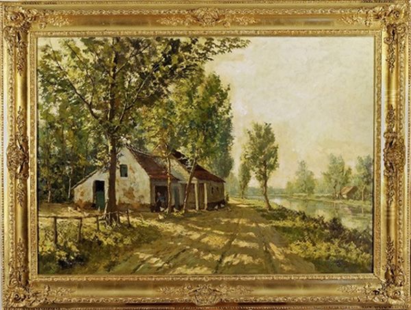 Fermiere Et Poulailler Au Bord Du Canal Oil Painting by Franz Courtens