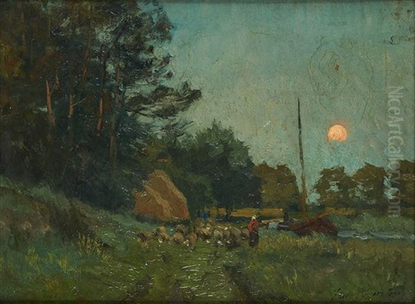 La Conduite Du Troupeau Au Bord Du Canal Au Coucher Du Soleil Oil Painting by Franz Courtens