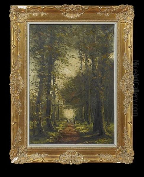 Wooded Interior With Figure And Cattle On A Path Oil Painting by Franz Courtens