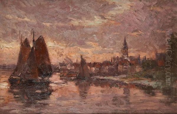 Coucher De Soleil Sur Le Bateau De Peche Oil Painting by Franz Courtens