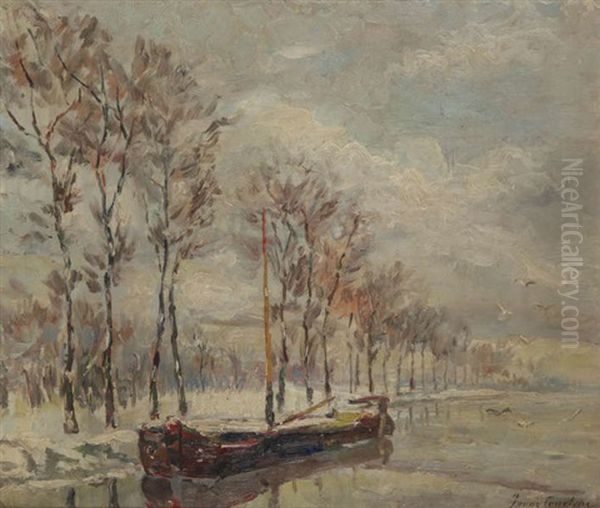 Vue D'un Canal En Hiver Avec Voilier Ammare Oil Painting by Franz Courtens