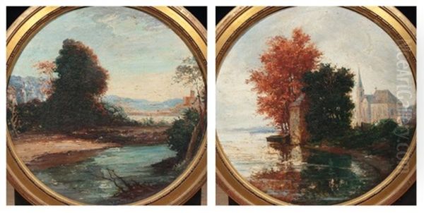 Vue D'une Eglise Pres D'un Bosquet (+ Vue D'un Etang; Pair) Oil Painting by Franz Courtens