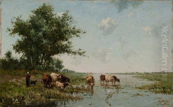 Vachere Et Son Troupeau Au Bord De L'eau Oil Painting by Franz Courtens