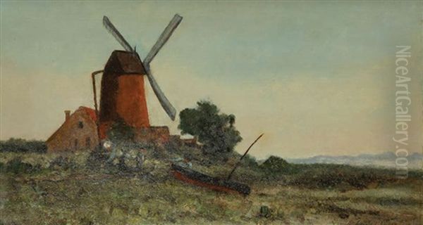 Paysage Anime Avec Moulin A Vent Pres De L'eau Oil Painting by Franz Courtens