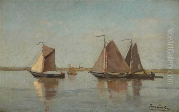 Barques De Peche Sous Voiles Par Temps Calme Oil Painting by Franz Courtens