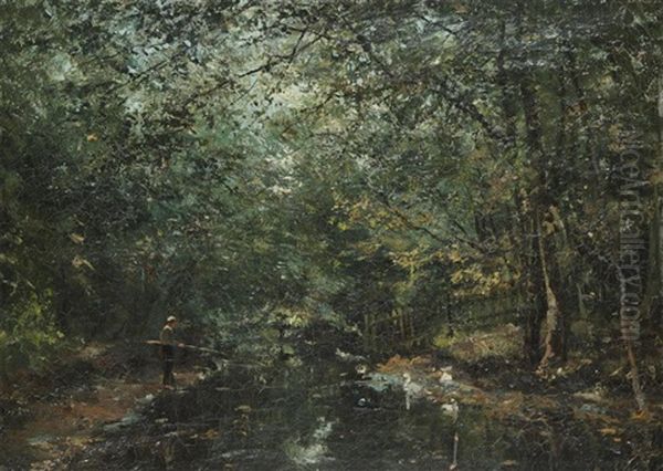 Pecheur Pres Du Ruisseau Oil Painting by Franz Courtens