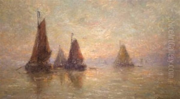 Bateaux Au Crepuscule Oil Painting by Franz Courtens