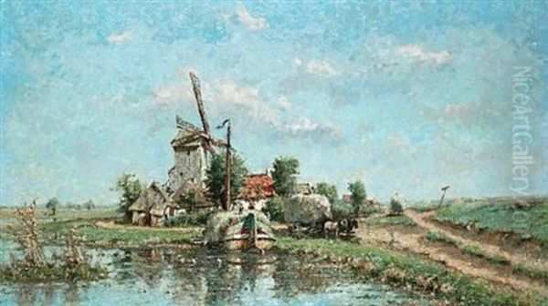 Landscape With Windmill And Haybarge Oil Painting by Franz Courtens