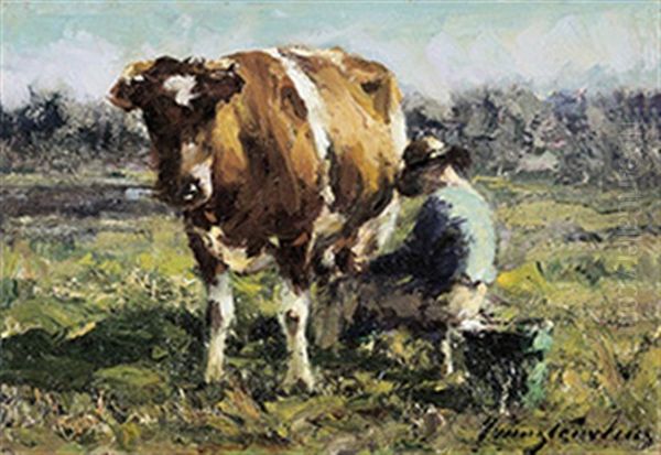 Het Melken Van De Koe Oil Painting by Franz Courtens