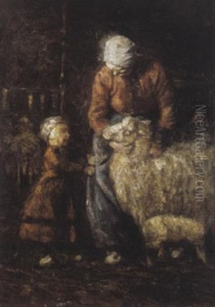 In De Schapenstal - Moederschap Oil Painting by Franz Courtens