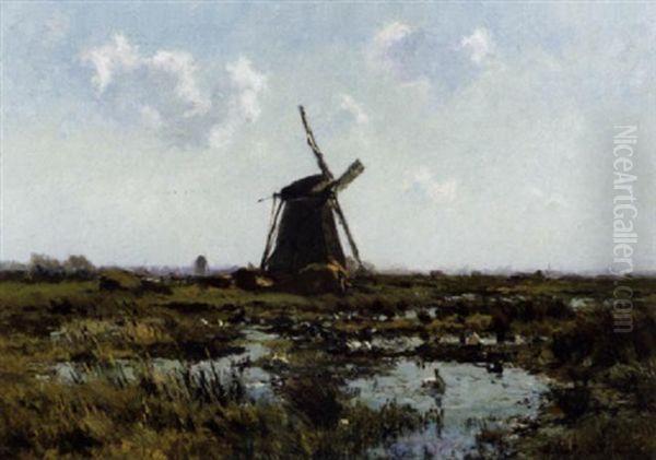 Moulin Dans Les Tourbieres - Molen In De Polders Oil Painting by Franz Courtens