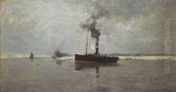 Riviergezicht Met Sleepboot Oil Painting by Franz Courtens