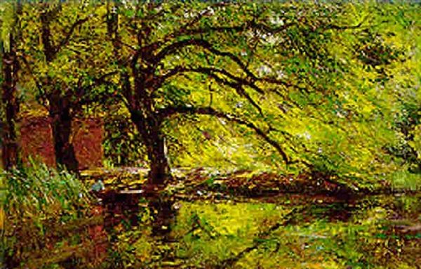 An Angler In A Sunlit Wood Oil Painting by Franz Courtens