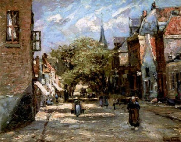 A Village Street Oil Painting by Franz Courtens