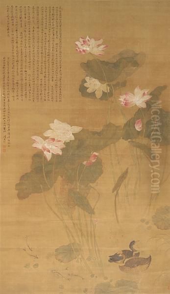 Ducks And Fish In Lotus Pond Oil Painting by Zhou Anjie