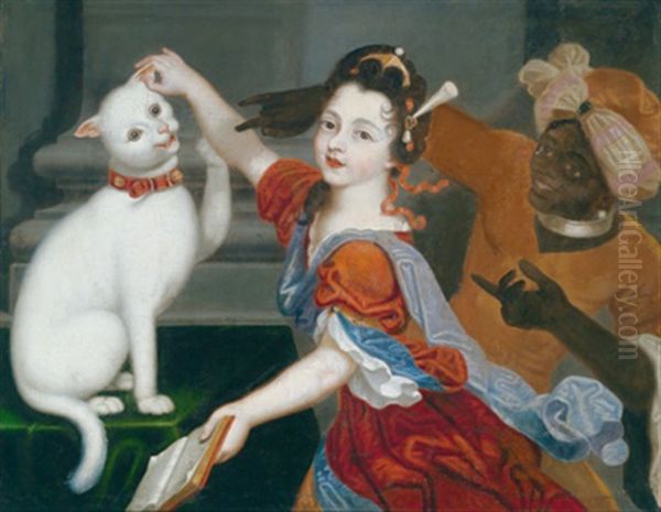 Eine Junge Dame Beim Spiel Mit Ihrer Katze, Rechts Ein Mohrenpage Oil Painting by Jacques-Francois Courtin