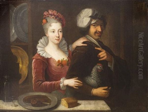 Couple A La Poule Oil Painting by Jacques-Francois Courtin