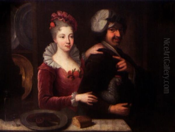 Couple A La Poule Oil Painting by Jacques-Francois Courtin