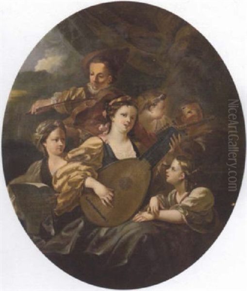 Elegant Figures Making Music Oil Painting by Jacques-Francois Courtin