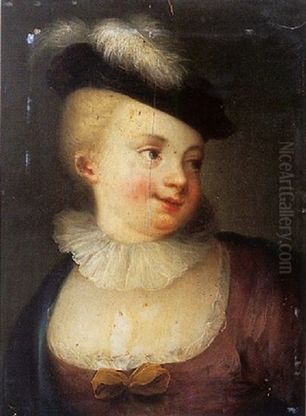 Jeune Fille Au Chapeau A Plume Oil Painting by Jacques-Francois Courtin