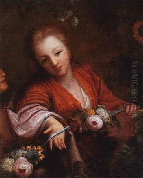 Portrait Of A Girl Making A Posy Of Flowers Oil Painting by Jacques-Francois Courtin