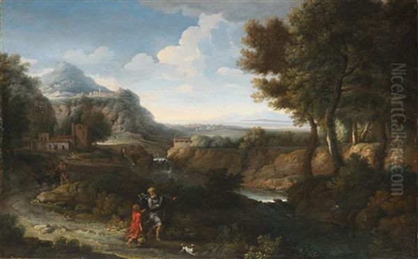 Flusslandschaft Mit Einem Alten Orientalen Und Einem Kind Im Vordergrund Oil Painting by Guillaume Courtois