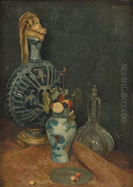 Nature Morte A La Carafe Et Au Vase De Fleurs by Gustave Claude Etienne Courtois