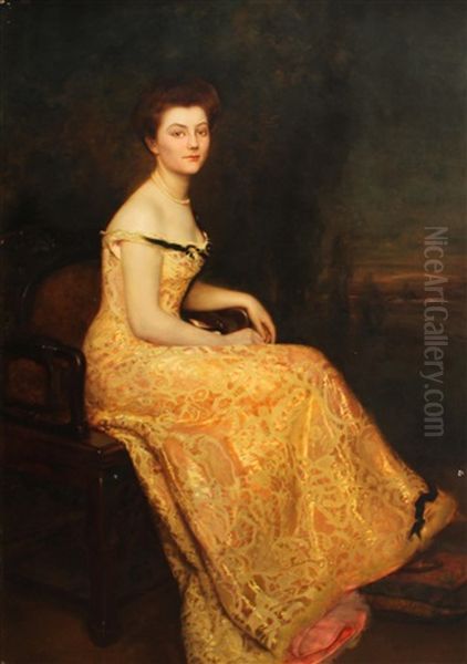 A Portrait Of A Lady, Full-length, Seated, Wearing An Evening Gown Oil Painting by Gustave Claude Etienne Courtois