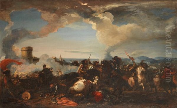 A Cavalry Battle Before The Walls Of A Town Oil Painting by Jacques Courtois