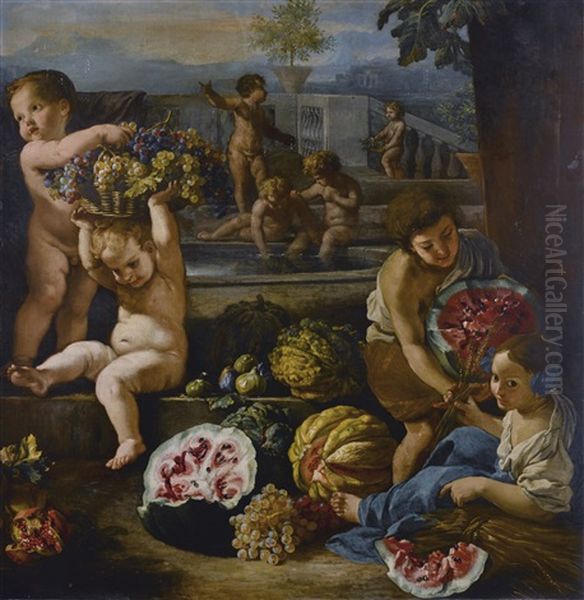 Putti And Children Surrounded By Fruit, Formal Gardens Beyond Oil Painting by Jacques Courtois