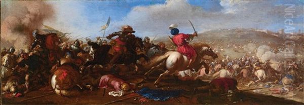 Battle Scene With Cavalry Between Turks And Christians; And Battle Scenes With Cavalry Between Turks And Christians Oil Painting by Jacques Courtois