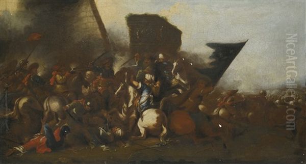 Two Battle Scenes Depicting A Cavalry Skirmish, Military Encampments Beyond Oil Painting by Jacques Courtois